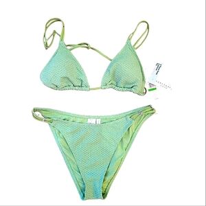 SANCTUARY SWIM Light Pastel Green Bikini Set Silver Sparkle Size L